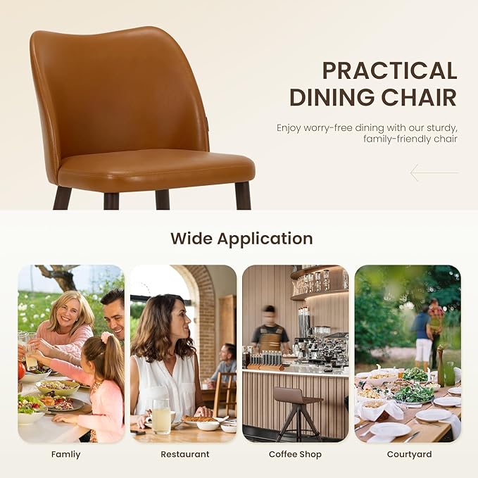 Wooden Dining Chairs Set of 4, Upholstered Kitchen Dining Room Chair, Modern Faux Leather Farmhouse Dinner Chair for Restaurant & Cafe, Light Brown