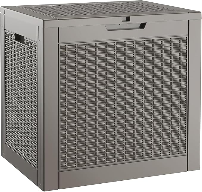 NUNU LAB 30 Gallon Waterproof Resin Deck Box, Lockable Outdoor & Indoor Storage Bench for Patio Cushions, Garden Tools, Pool Accessories & Package Deliveries – Grey