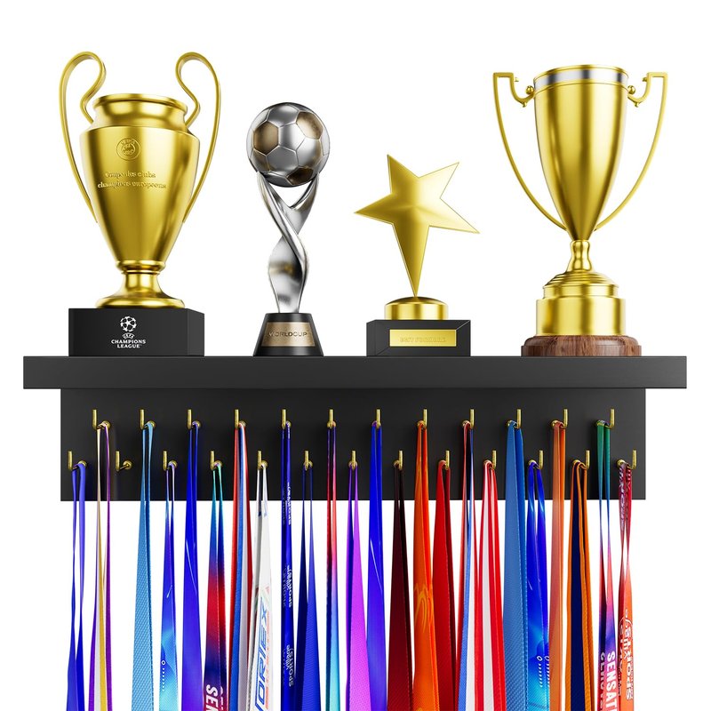 DSVENROLY Medal Holder Display Trophy Shelf Organizer, Sturdy Wooden Race Award Hanger Rack with 25 Steel Hooks, Wall Mount Storage Stand for Sports Fans, Cheer Success, Black
