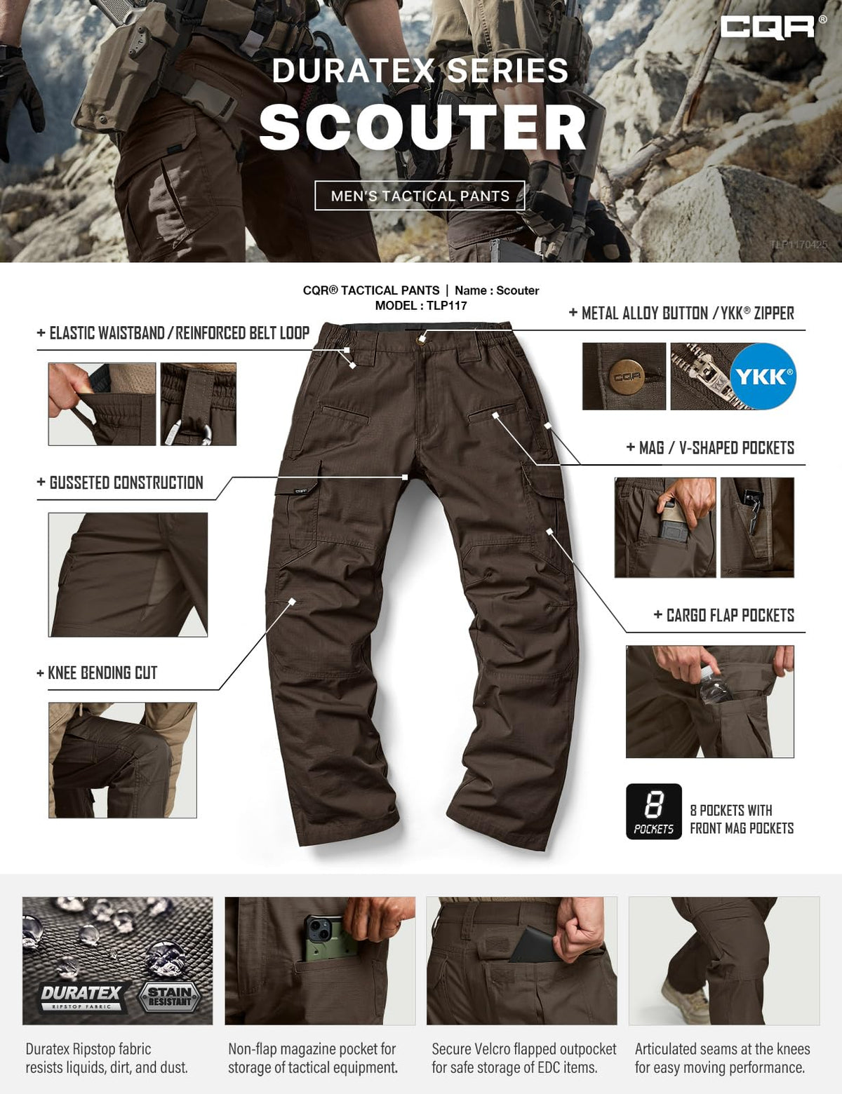 CQR Men's Tactical Pants, Water Resistant Ripstop Cargo Pants, Lightweight EDC Work Hiking Pants, Outdoor Apparel, Raider Dark Brown, 38W x 30L