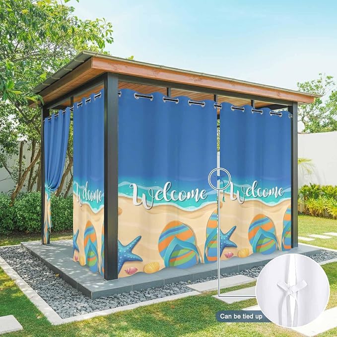 Summer Outdoor Curtains for Patio Beach Slippers Plumeria Waterproof Outside