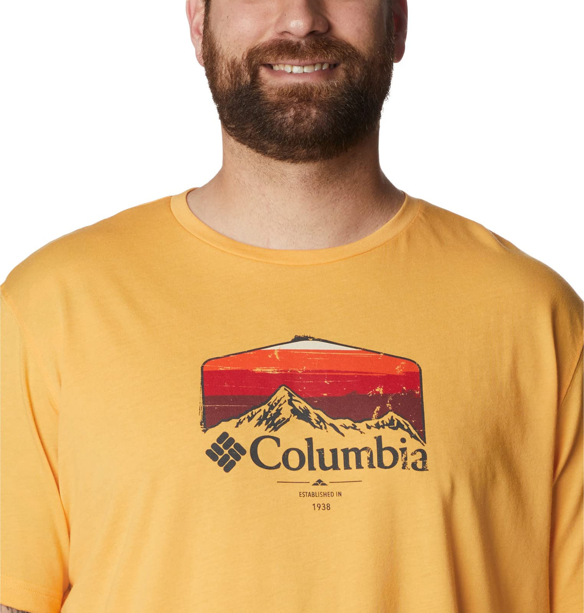 Columbia Men's Thistletown Hills Graphic Short Sleeve, Mango Heather/Hikers Graphic, Small