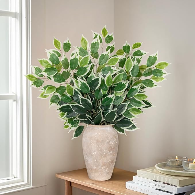 24PCS Ficus Leaves Artificial Branches - 24" Faux Ficus Greenery Tree Branches - Fake Leaves Sprays for DIY Arch Wedding Wall Decor - Green & White
