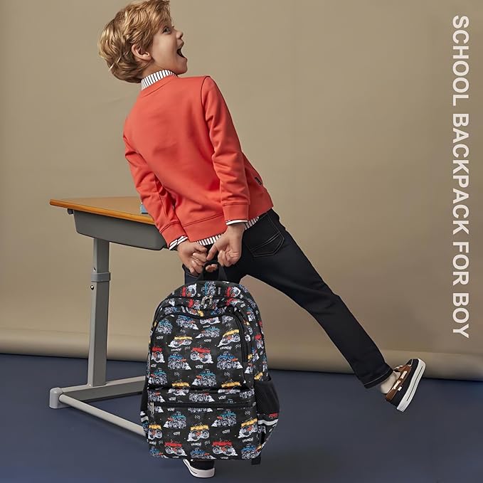 DSIUE School Backpack for Boys, Boys Backpack for Kids Children Teens Elementary Middle School With Lunch Box (Monster truck Black)