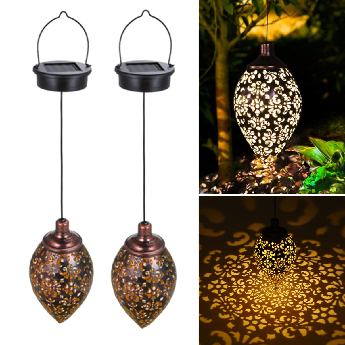 (2 Pack) Hanging Solar Lights, Tomshine Solar Lantern LED Moroccan Garden Decor, Metal Solar Lanterns Outdoor Waterproof for Outside, Patio, Porch, Pathway Hanging Decor