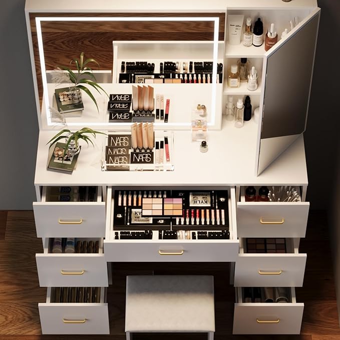 Makeup Vanity Desk with Large Mirror and LED Lights,White Vanity with Hidden Storage Mirror Cabinet&7 Drawers,Vanity with Chair,Makeup Organizer Countertop for Room (White)