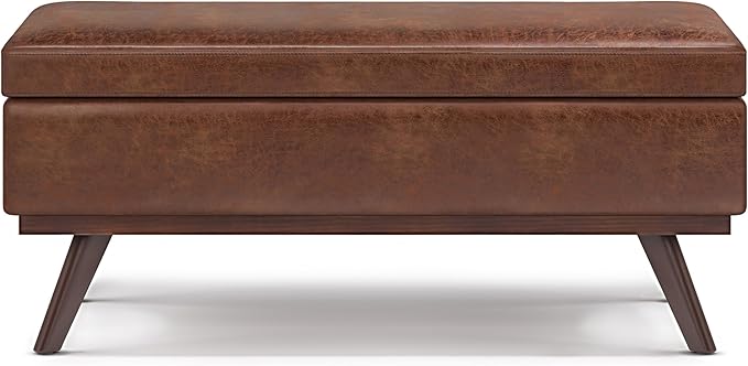 SIMPLIHOME Owen Lift Top Coffee Table Storage Ottoman - 42 inch Wide Upholstered Vegan Leather Rectangular Lift-Top Ottoman in Distressed Saddle Brown, Mid-Century Modern Ottoman for Living Room