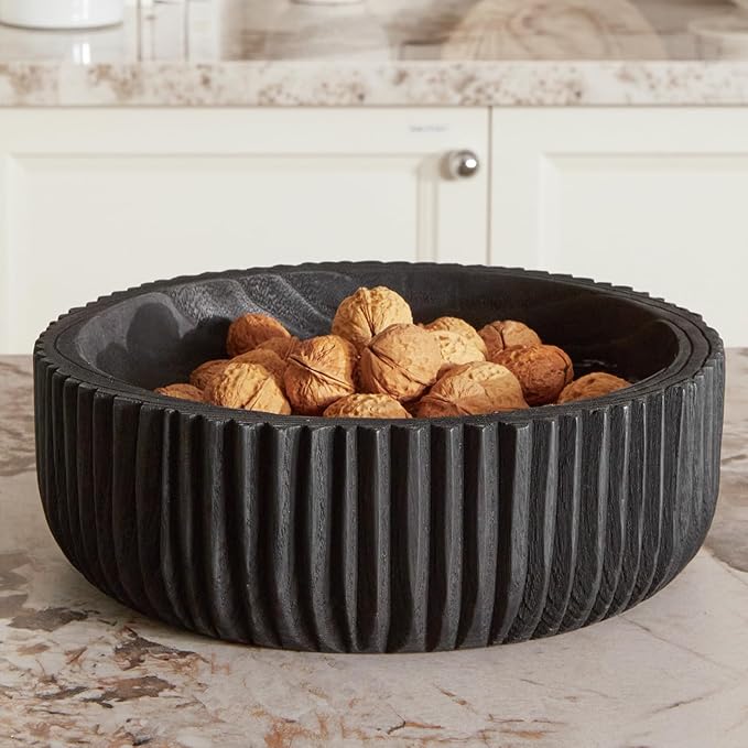 DN DECONATION Wooden Decorative Bowl, 9.84” Black Wood Fruit Bowl for Rustic Home Decor, Key Bowls for Farmhouse Decor Table Centerpiece Entryway Living Room Kitchen