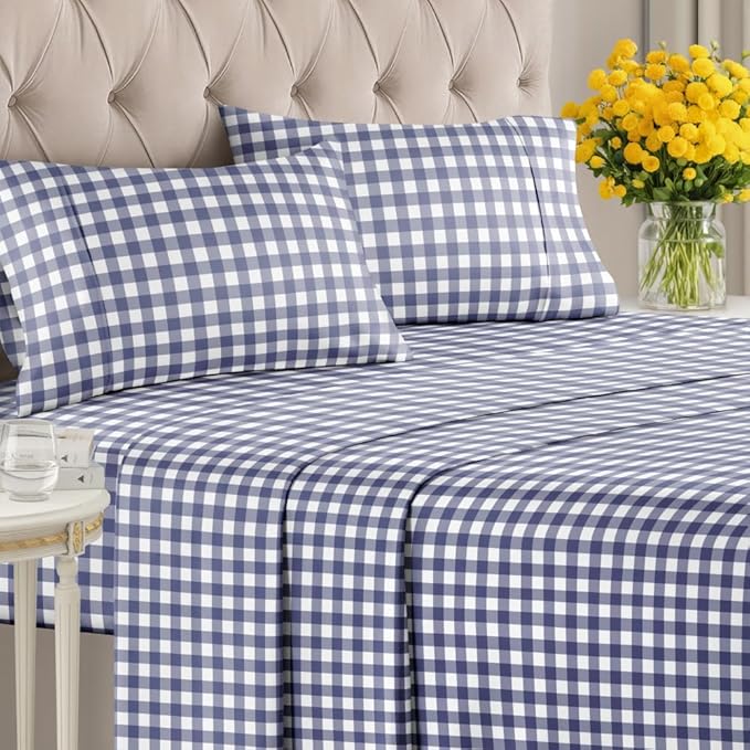 Blue Checkered Sheet Set - 1 Flat & 1 Fitted Sheet & 2 Pillowcases w/ Deep Pockets - Grid, Plaid, Gingham Pattern Bed Set - Comfy, Wrinkle & Fade Resistant - Soft, Breathable and Cooling - King Size