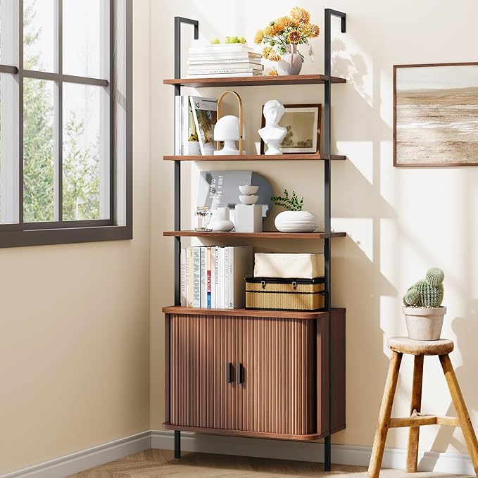 72" Tall Fluted Bookshelf, 4-Tier Open Display Ladder Shelf with Sliding Tambour Doors, Modern Wall Mounted Bookcase Cabinet with Metal Frame for Living Room, Bedroom, Home Office, Walnut