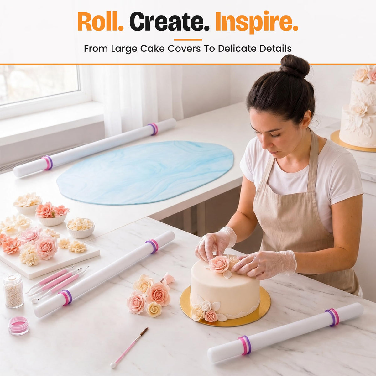 Bakerpan Fondant Roller Set - 3 Fondant Rolling Pins with Thickness Guide Rings for Fondant, Gum Paste, Sugar Paste & Cake Decorating - 19.5", 13" & 9"