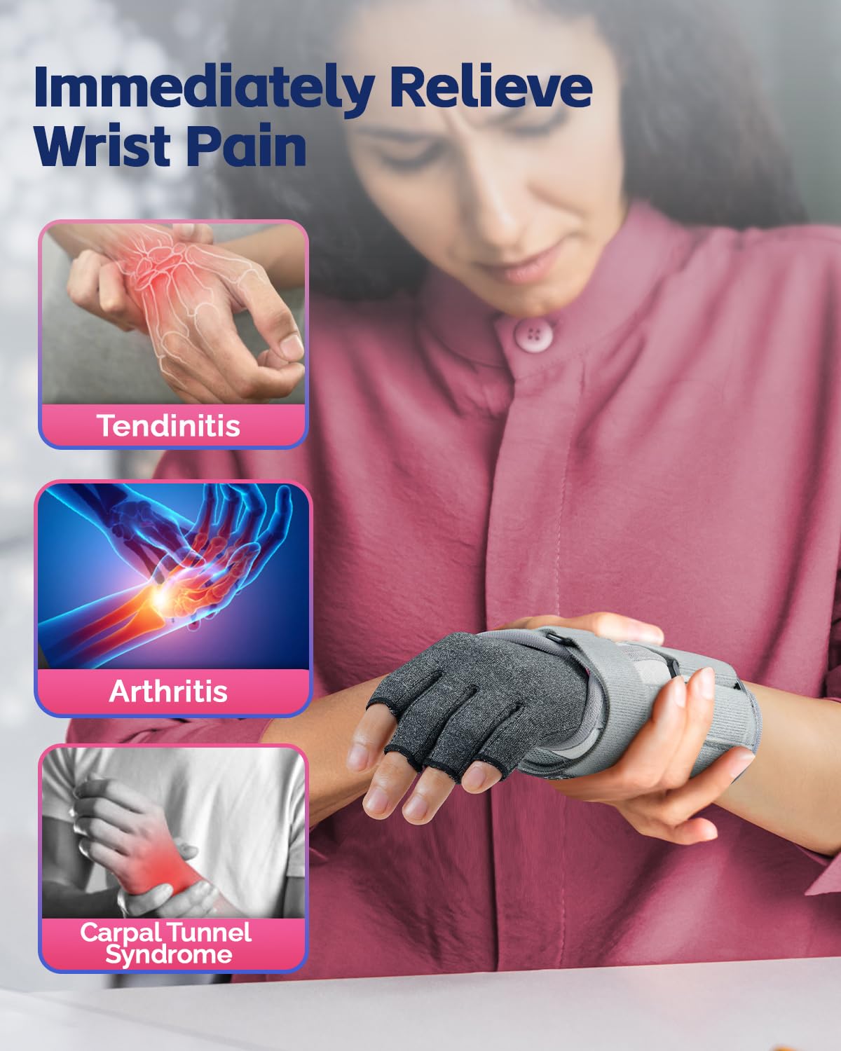 FEATOL Compression Arthritis Glove with Wrist Brace, Comfortable Fingerless Carpal Tunnel Hand Gloves for Women Night Support, Pain Relief for Rheumatoid Arthritis, Work, Typing - Right Hand, Large