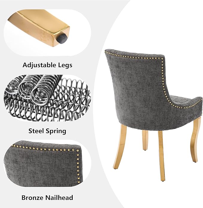 Luxury Fabirc Upholstered Dining Chairs Set of 2,Neutral Chenille Kitchen Room Chair with Nailhead Trim,Modern Padded Side Chairs for Dining Room,Living Room,Bar (Grey-Gold, Set of 2)