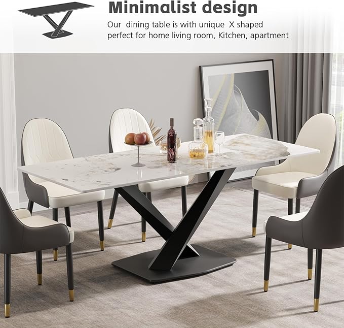 Modern Rectangle Marble Dining Table,71" Antique White Marble Sintered Stone Top Dining Table,Rectangle Dining Room Table with X-Shape Carbon Steel Pedestal Table for Kitchen/Living Room(Table Only)