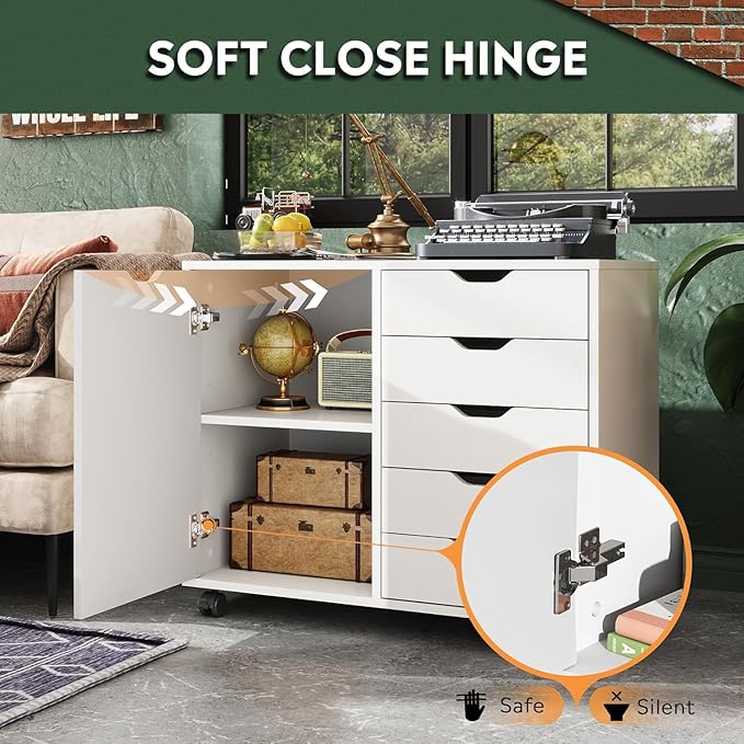 5-Drawer Wood Drawer Cabinet, Office Storage Cabinet with Adjustable Shelf & Wheels, Printer Stand for Home Office, White, 15.7" D x 30.7" W x 25.4" H