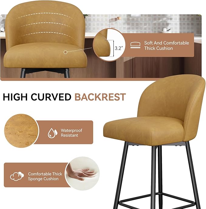 Counter Height Bar Stools Set of 2,360° Swivel Barstools with High Back and Metal Legs,26" Seat Height, Upholstered PU Leather Bar Chairs for Kitchen Island, Dining Room,Cafes,Yellow