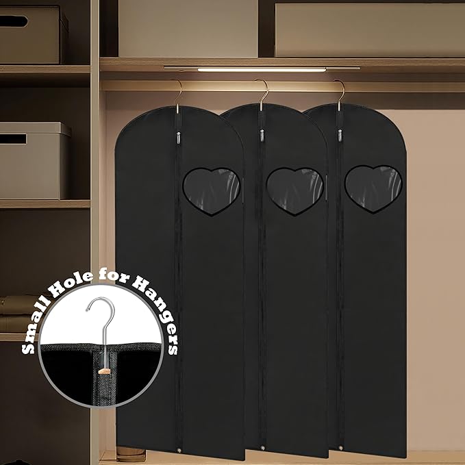 Dress Bags for Gowns Long, 65'' Garment Bags for Hanging Clothes, Suit Bag Cover for Storage and Travel, with Clear Heart Window, 2 Pack (Black)
