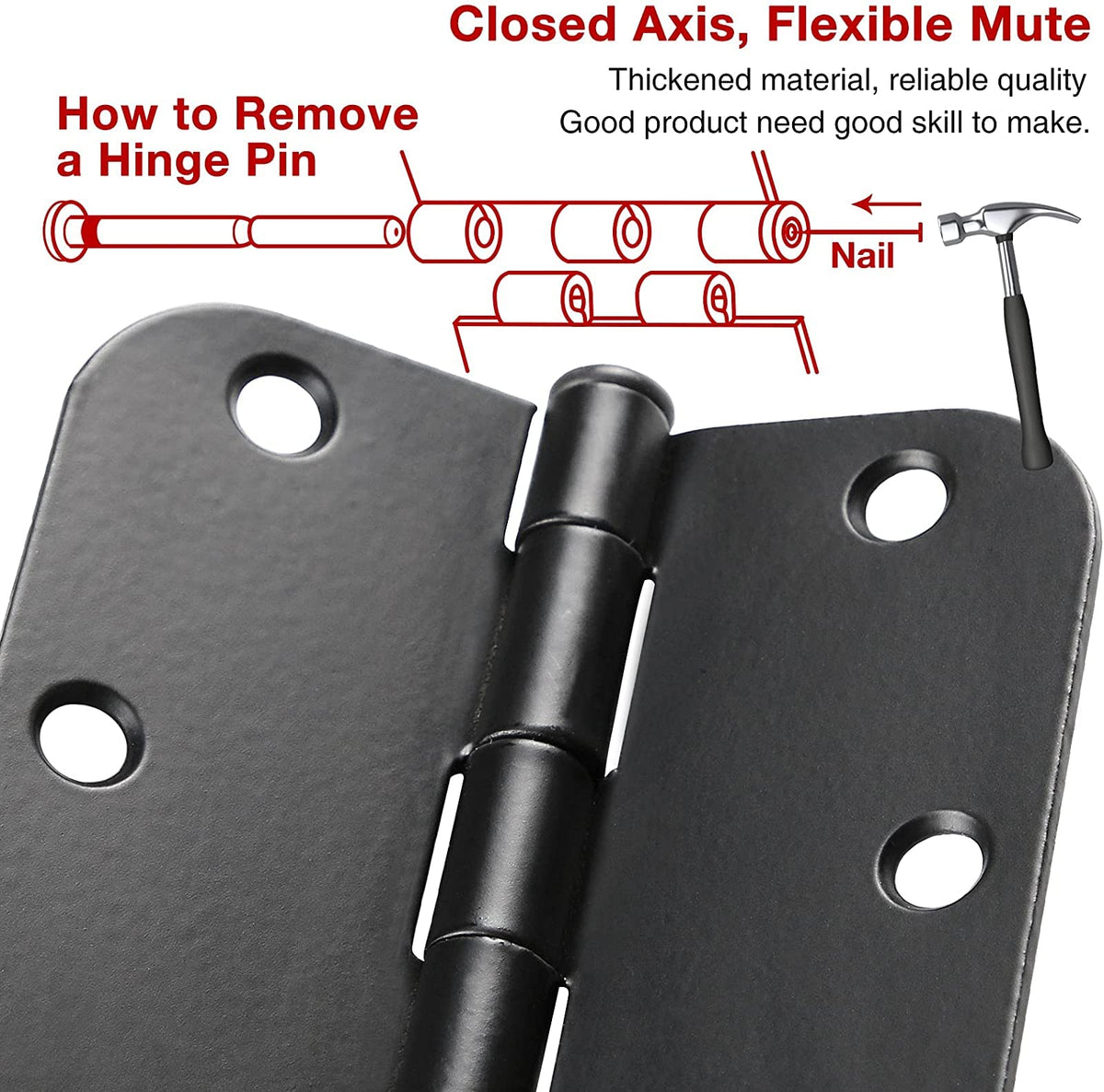 108 Pack Rounded Matte Black Door Hinges 3.5 Inch 5/8" Radius for Interior 3 1/2" Flat Iron Bifold Residential Standard Hinge Bedroom Indoor for Doors 3 ½"Hardware Heavy Duty Steel Regular Home Kit
