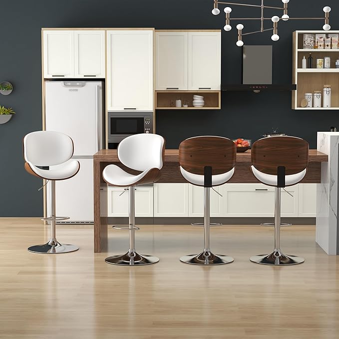 KCC Bar Stools Set of 3, Swivel Adjustable Height Barstools, PU Leather Upholstered Bar Chairs with Footrest, Bentwood Bar Stool for Kitchen, Bar, Dining Room(White PU)