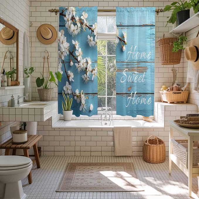 Farmhouse Wooden Grain Kitchen Curtains, Vintage Shabby Chic Flower Blue Light