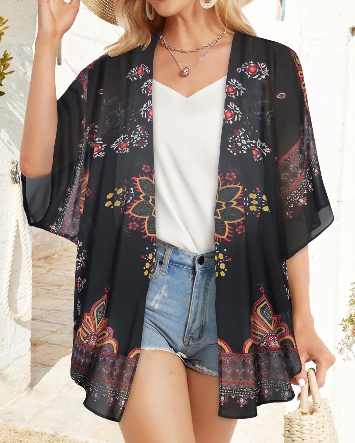 Women's Floral Kimono Cardigan Cover Up Casual Tops,Orange Black,M