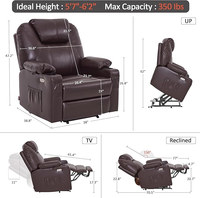 MCombo Oversized Power Lift Recliner Chair for Elderly, Lift Chair with Heat and Massage for Big and Tall, USB&Type C Ports, Cup Holders, Faux Leather R7510 (Dark Brown, Large-Wide)