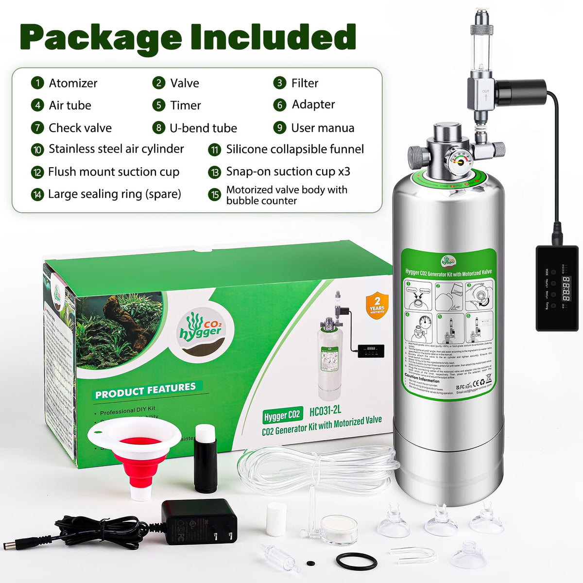 Upgraded 2L/5L Aquarium CO2 Generator System with Timer-Enabled Motor Valve, Upgrade CO2 System Kit with Quick-Release Structure for Aquarium Plants Tanks (2L)