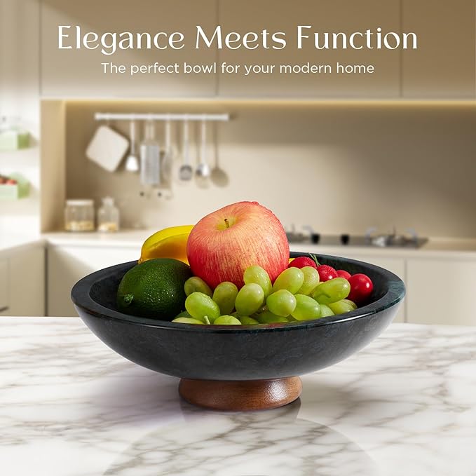 Green Marble Fruit Bowl with Acacia Wood Pedestal, Large Decorative Footed Bowl, Natural Stone Centerpiece for Kitchen Counter, Entryway, Keys, Dining Table, House Warming Gifts New Home(11Inch)