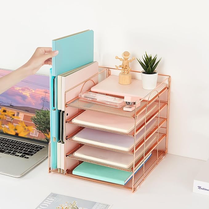 AUPSEN Desk Organizer with File Holder, 5 Trays Paper Letter Tray Organizer, Mesh Desk Organizers and Accessoriesand for Home Office (Rose Gold)