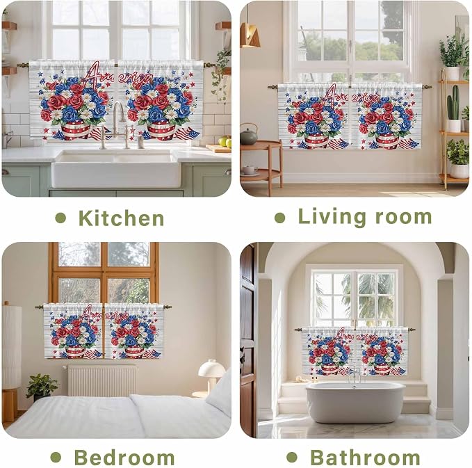Independence Day Kitchen Tier Curtains 24 Inch Long 2 Panel Set, Rod Pocket
