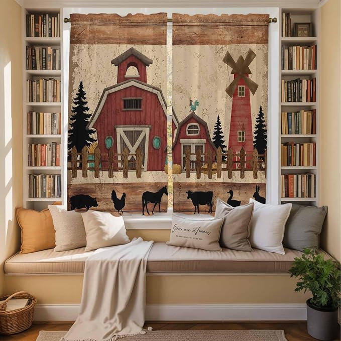 Brown Farmhouse Kitchen Curtains, Vintage Country Animals Wooden Grain Light