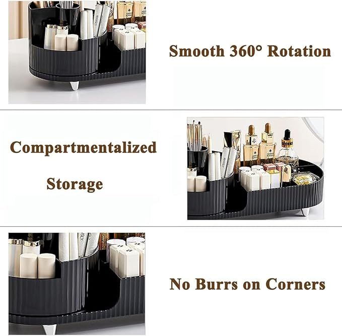 Rotating Cosmetic Organizer, Plastic Countertop Makeup Organizer with Makeup Brush Holder, Large Capacity Cosmetic Display Case, Countertop Makeup & Perfume Organizer with 9 Partitions (Black)