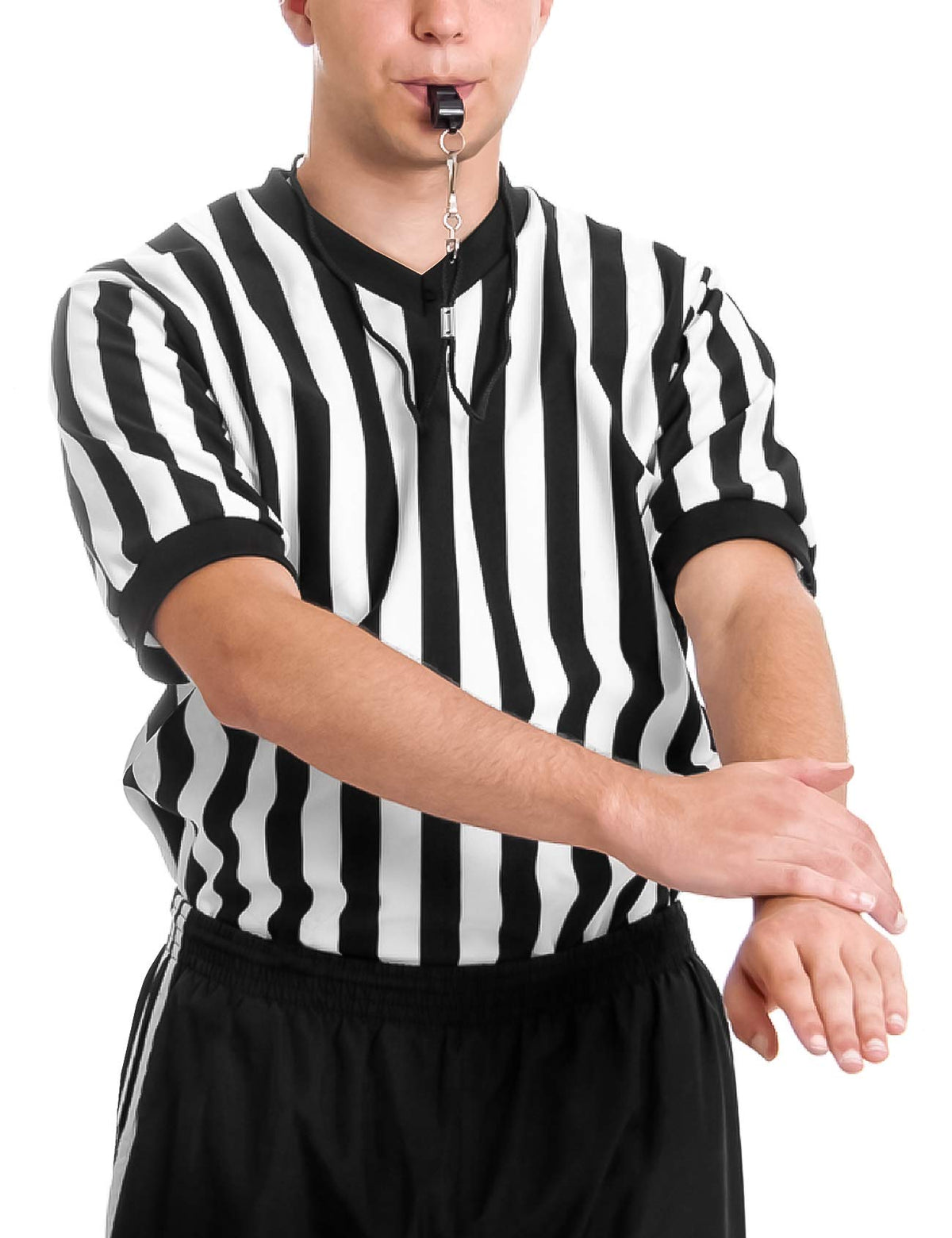 FitsT4 Sports Men's Official Black & White Stripe Referee Shirt Short Sleeve Umpire Jersey Costume Pro Ref Football Uniform