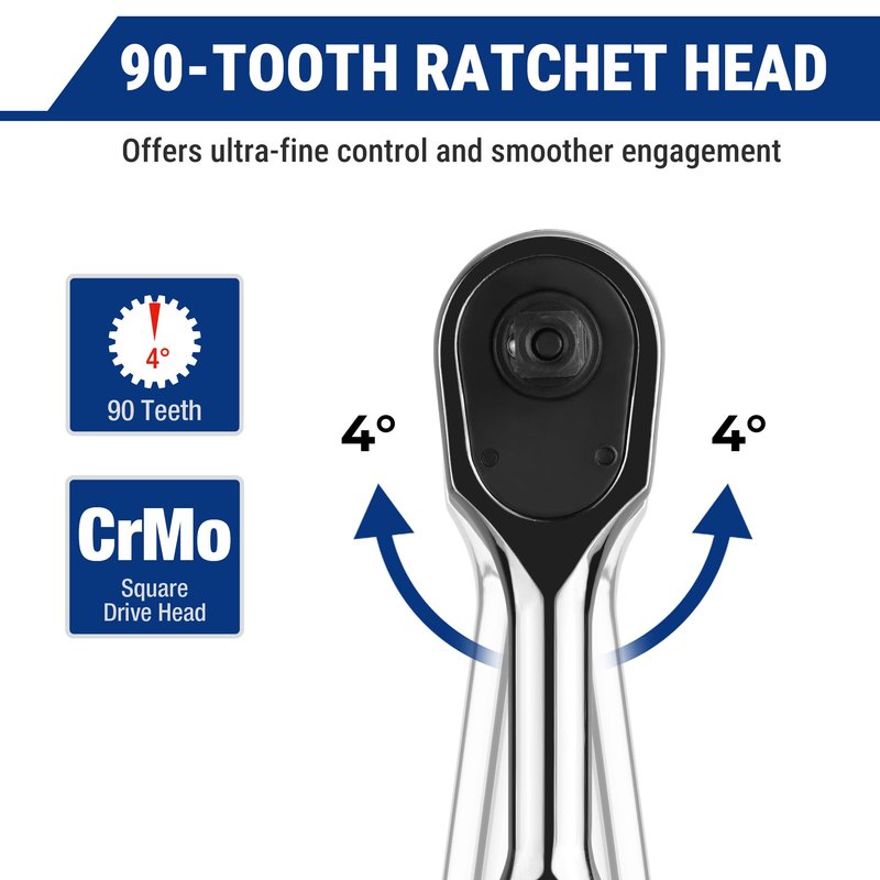 WORKPRO Low-Profile 1/4-Inch Drive Ratchet, 90-Tooth Quick-Release Ratchet Wrench, Reversible, 4° Swing, CR-MO Compact Drive Head, Full Polished, Gifts for Men