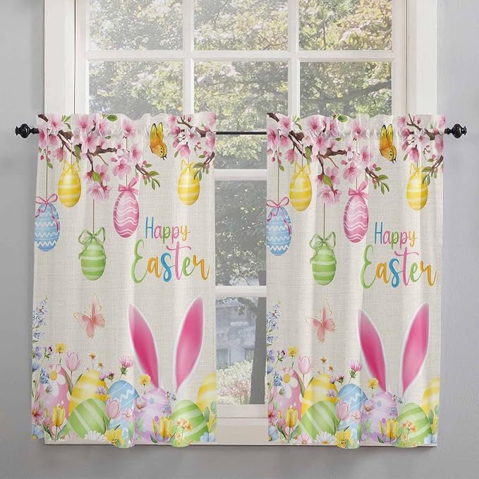 Happy Easter Kitchen Curtains 45 Inches length, Spring Farmhouse Bunny Eggs