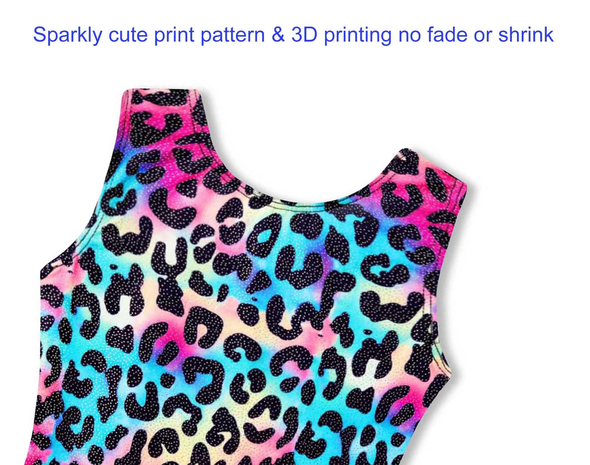 Domusgo Girls Gymnastics Leotards Size 8-9 Years Old Shiny Cheetah Rainbow Biketard with Shorts