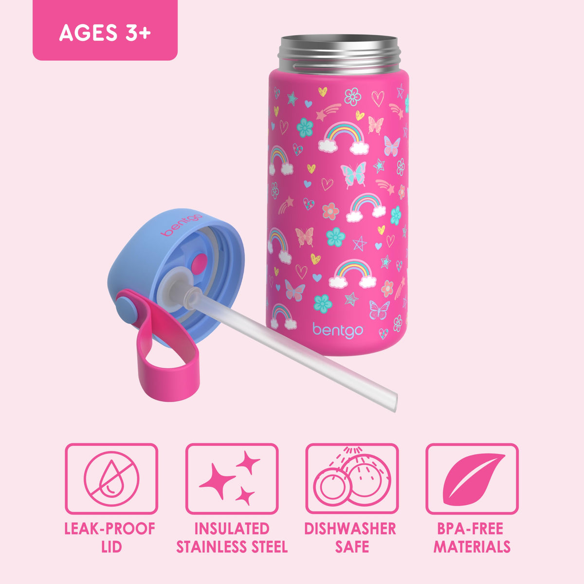 Bentgo® Kids Stainless Steel Insulated Water Bottle - Leak-Proof; Keeps Cool for 12 Hours; Durable, BPA-Free, Dishwasher Safe 14 oz. Cup for Ages 3+ for School/Sports/Daycare (Rainbows & Butterflies)