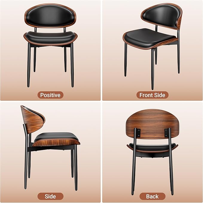 Dining Chairs Set of 6, Dining Room and Kitchen Chairs, Mid Century Modern Retro Chair, Upholstered PU Leather Chairs for Vanity with Walnut Bentwood and Metal Legs (Black)