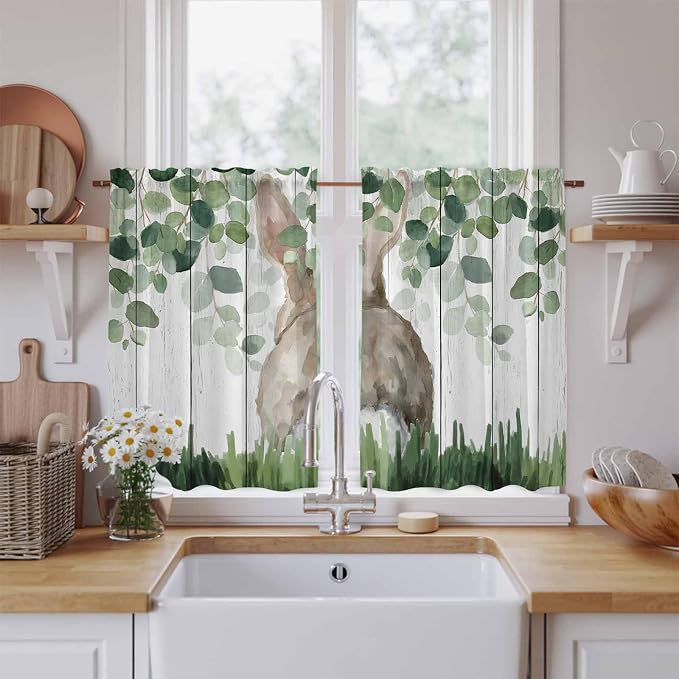 Easter Tier Curtains, Country Rabbit Botanical Leaves Wooden Grain Light