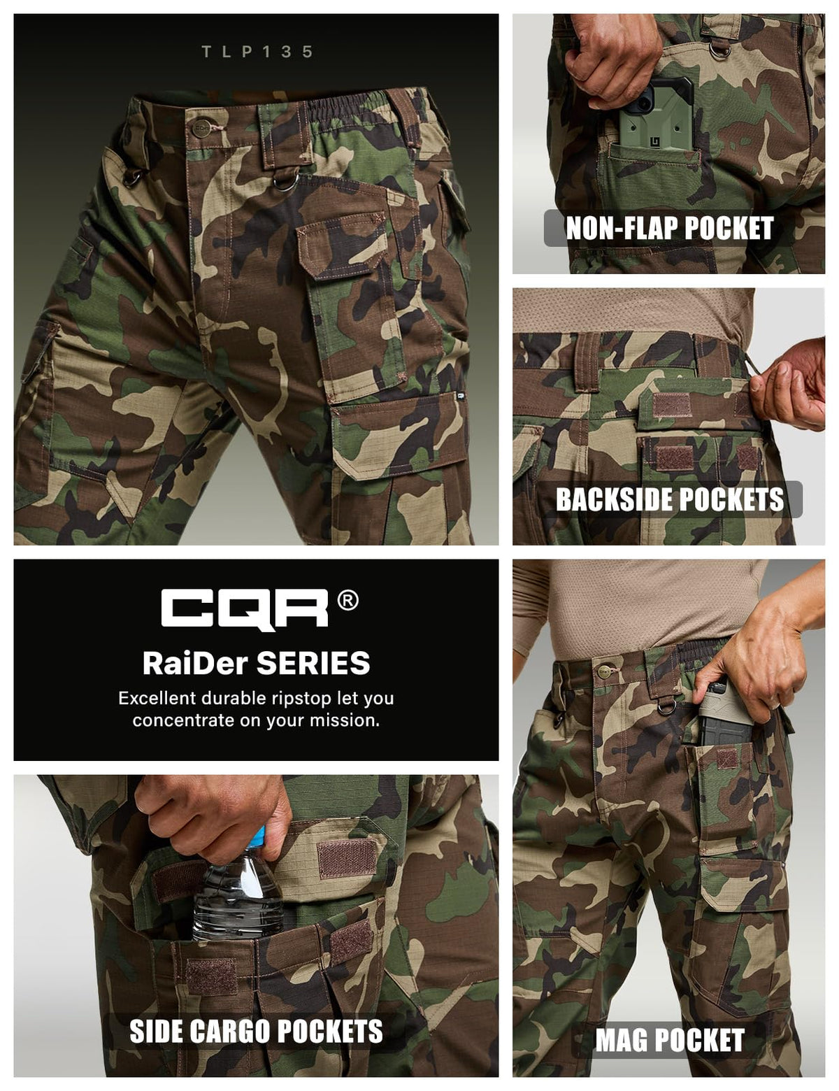 CQR Men's Tactical Pants, Water Resistant Ripstop Cargo Pants, Lightweight EDC Work Hiking Pants, Outdoor Apparel, Duratex Mag Pocket Print Woodland Camo, 32W x 30L