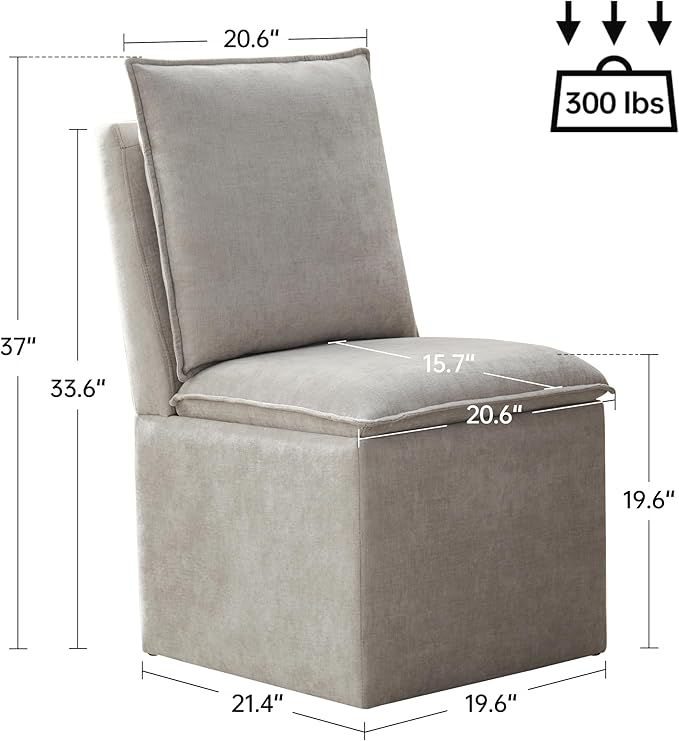 VKNOW Upholstered Dining Chairs Set of 2, Modern Rolling Chairs with Storage and Wheels, Linen Armless Chair with Cushion and Backrest, Dining Room Chairs for Living Room Kitchen Bedroom, Light Grey