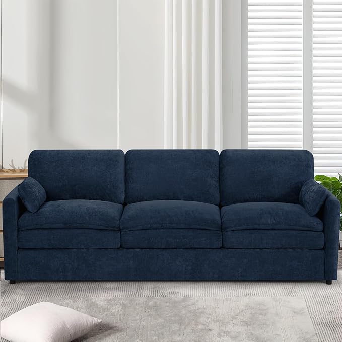 89" Chenille Soft Sofa w/Well-Filled Backrests, Modern Couch w/Plump Pillows, 3 Seater Upholstered Couch w/Thick & Comfy Cushions for Living Room, Bedroom, Blue