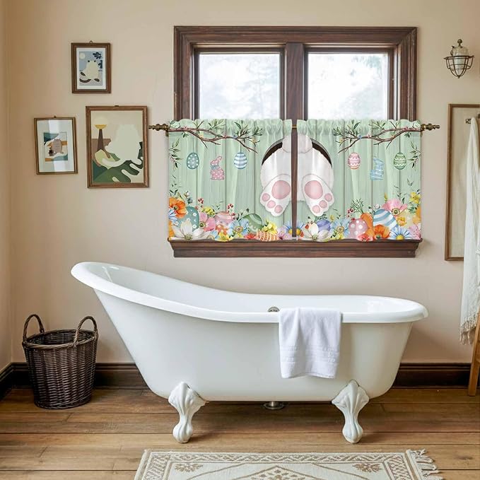 Easter Kitchen Tier Curtains 36 Inch Long 2 Panel Set, Rod Pocket Half Window