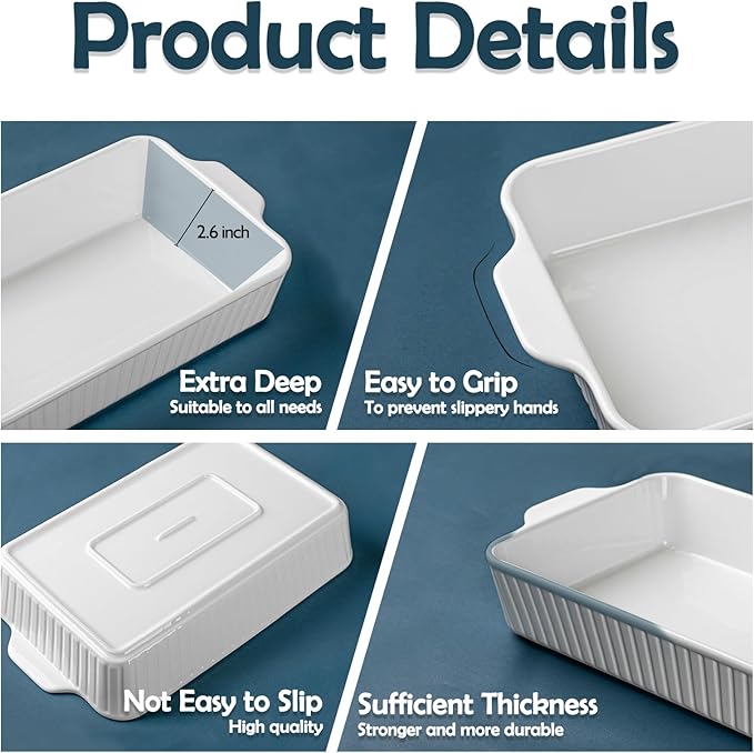 Dizada 9x13 Casserole Dish Set of 2 - Deep 4.2 Qt Porcelain Baking Dishes, Ceramic Bakeware for Lasagna, Roasts, Cake, Oven Microwave Safe(NO LIDS)
