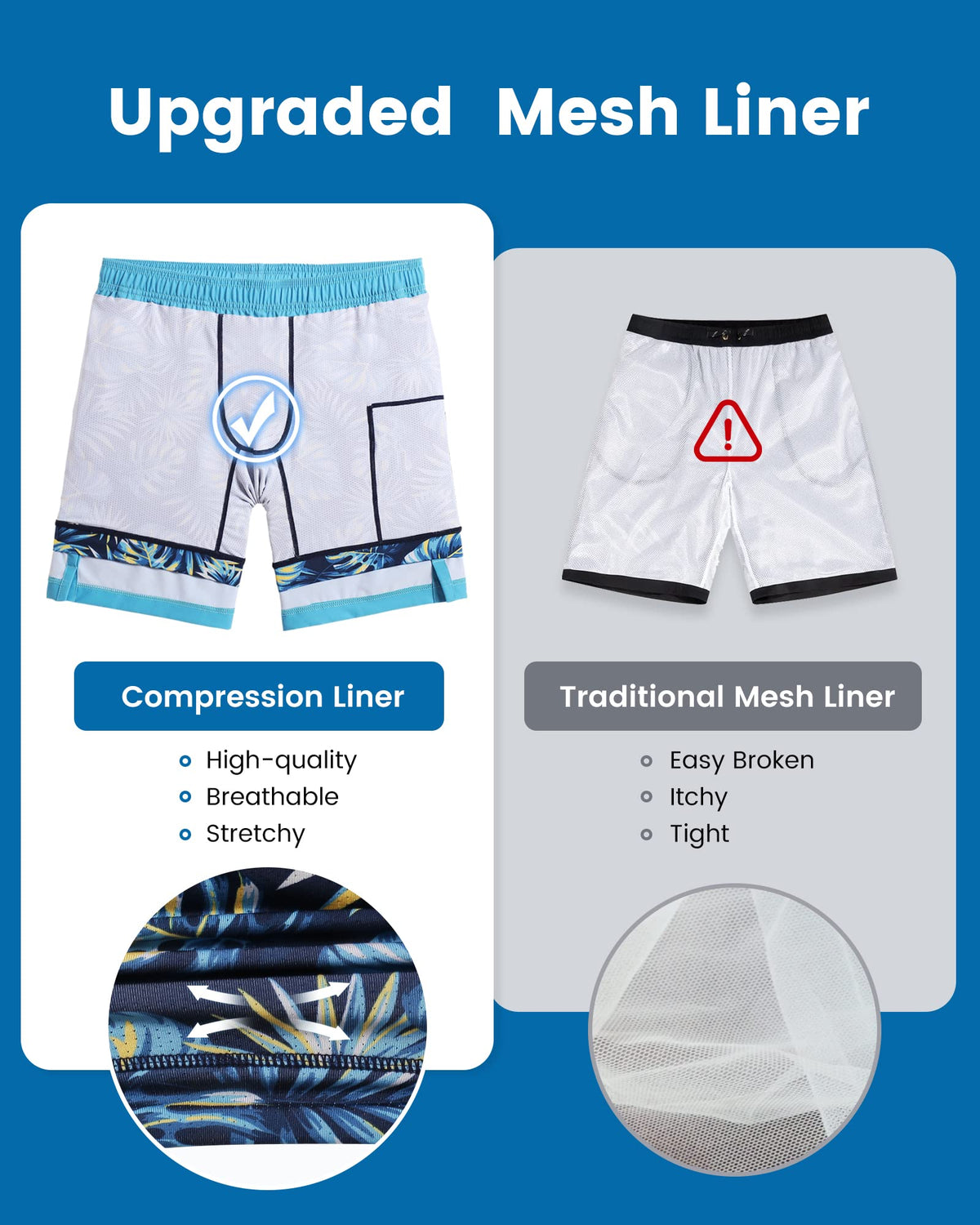 maamgic Mens Swim Trunks with Compression Liner 7 Inch Inseam Mens Bathing Suit Quick Dry Swimming Trunks Swimsuit Blue Leaf Large