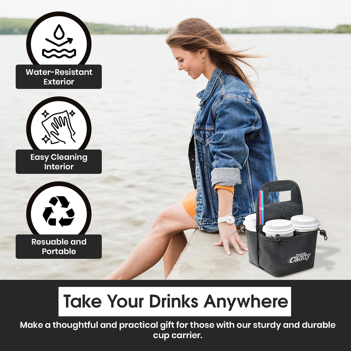 Drink Caddy Portable Drink Carrier, 4 Cup Collapsible Coffee Holder, Pink