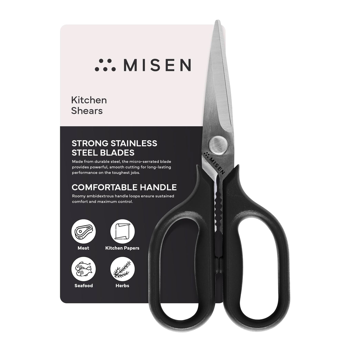 Misen Heavy Duty Kitchen Shears - Stainless Steel, Versatile and Easy Clean Scissors for Meat, Herbs and Veggies - Ambidextrous Comfort Handle - Professional Grade - Black