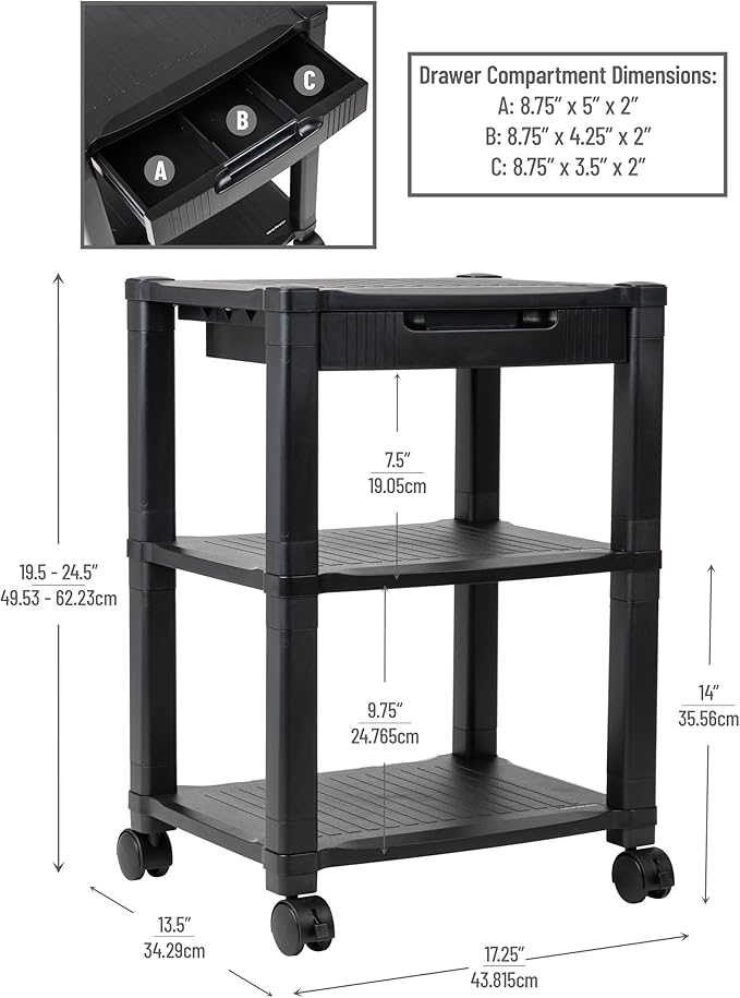 Mind Reader Rolling Printer Cart, Utility Cart, Printer Stand, Desk Storage, Office, 17.25"L x 13.5"W x 24.5"H, 3-Tier, Black