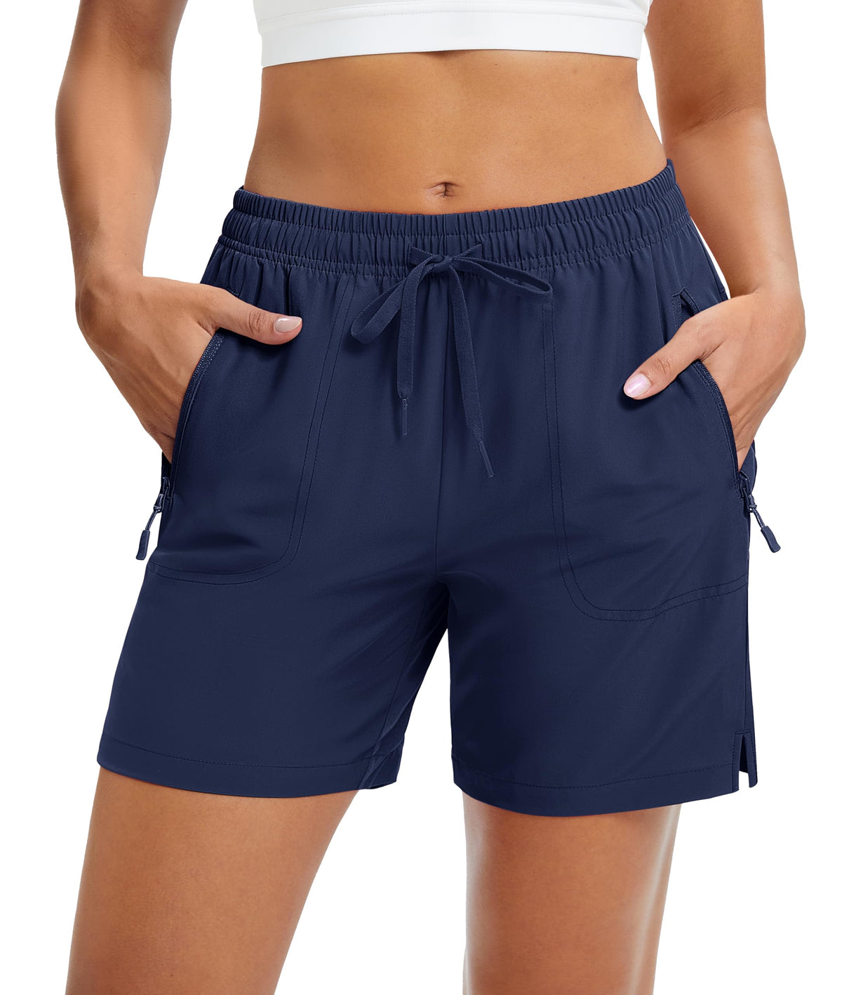 MAGCOMSEN Women's 5" Hiking Golf Shorts with Pockets Summer Lightweight Quick Dry Gym Running Shorts Waterproof Navy, L