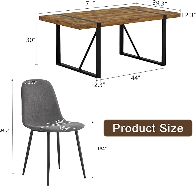 Rustic 7 Piece Dining Room Table Set for 6 People, Mid Century Modern 71 Inch Rectangle Wood Kitchen Dining Table with 6 Fabric Chairs Set, Suitable for Kitchen Dining Room Apartment